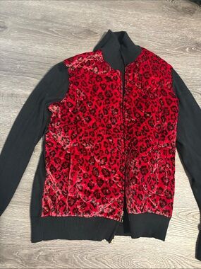 EP Pro Red Leopard Velvet-Front Bomber Jacket with Black Knit Sleeves